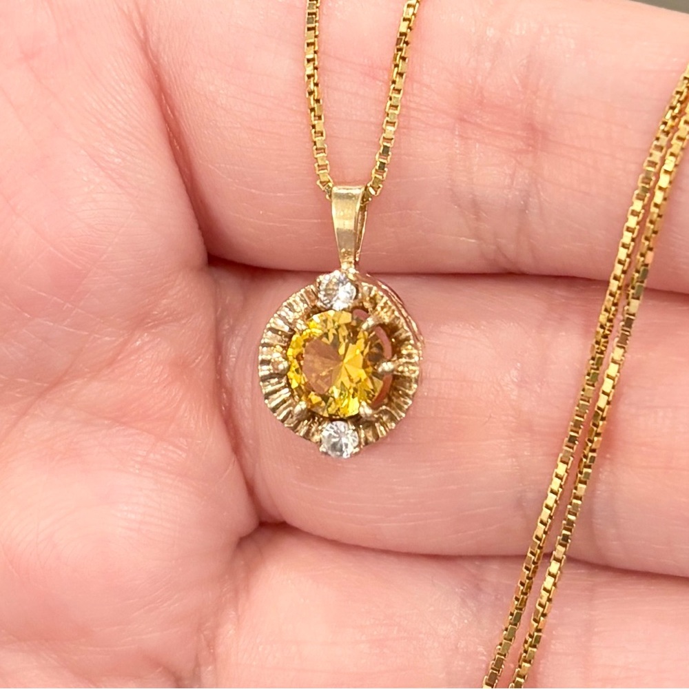 Vintage 10K Yellow Topaz Pendant, Small Petite, CZ Accent, Golden Regal Style - Picture 7 of 15